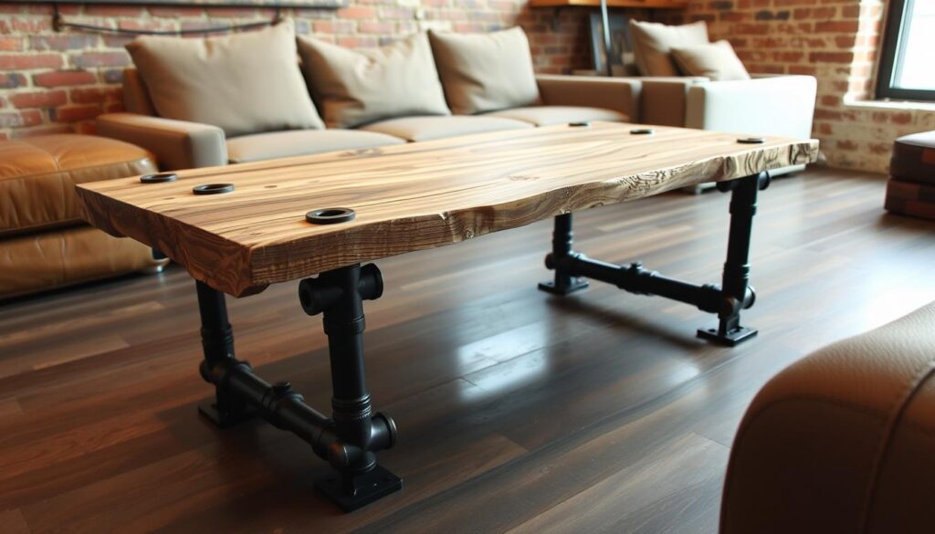 Industrial pipe DIY coffee table with wood planks and metal pipes
