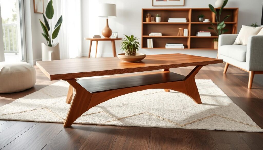 Mid-century modern DIY coffee table with tapered legs and clean lines