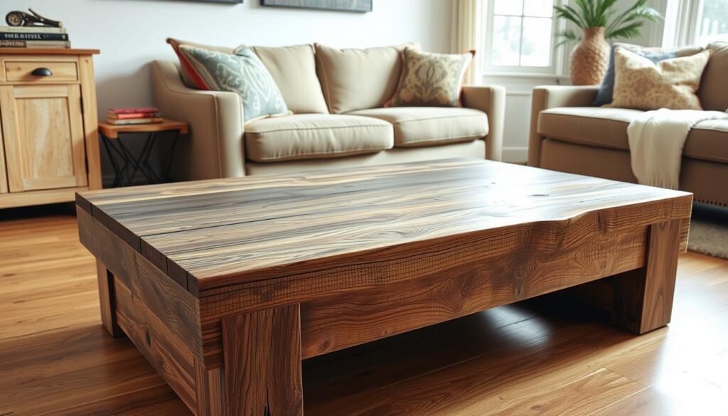 Rustic reclaimed wood DIY coffee table with weathered finish