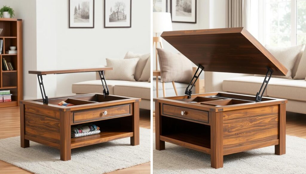 Storage DIY coffee table with lift-top mechanism and hidden compartment