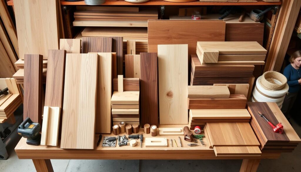 Various wood types and materials for DIY coffee table construction