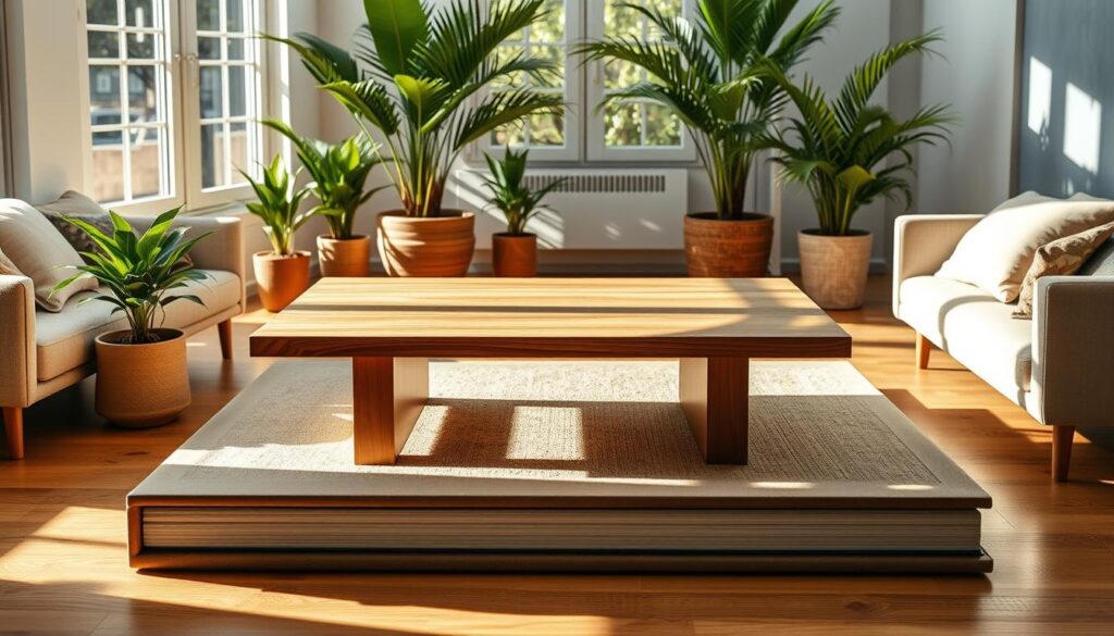A beautifully crafted coffee table book, its sleek, minimalist cover displaying an elegant silhouette of a modern coffee table in a warm, natural wood finish. The table stands centered in a sun-dappled room, surrounded by lush, verdant potted plants and soft, inviting furniture. Warm, directional lighting casts subtle shadows, highlighting the table's clean lines and smooth, tactile surface. The overall atmosphere is one of tranquility and refined sophistication, perfectly capturing the essence of a thoughtfully designed home interior.