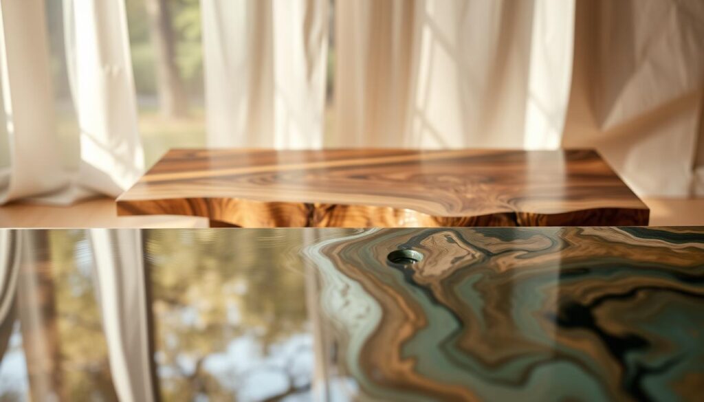 A beautifully crafted epoxy resin table project set against a warm, natural backdrop. In the foreground, a smooth, glossy surface reflects the surrounding environment, its intricate patterns and swirls of color perfectly capturing the essence of a handcrafted piece. The middle ground features a sturdy, wooden base, its grains and knots adding depth and character to the design. Soft, diffused lighting bathes the scene, creating a cozy, inviting atmosphere that invites the viewer to imagine the table in their own living space. The overall composition exudes a sense of modern elegance and craftsmanship, perfectly embodying the idea of a stunning DIY resin coffee table project. A beautifully crafted epoxy resin table project set against a warm, natural backdrop. In the foreground, a smooth, glossy surface reflects the surrounding environment, its intricate patterns and swirls of color perfectly capturing the essence of a handcrafted piece. The middle ground features a sturdy, wooden base, its grains and knots adding depth and character to the design. Soft, diffused lighting bathes the scene, creating a cozy, inviting atmosphere that invites the viewer to imagine the table in their own living space. The overall composition exudes a sense of modern elegance and craftsmanship, perfectly embodying the idea of a stunning DIY resin coffee table project.