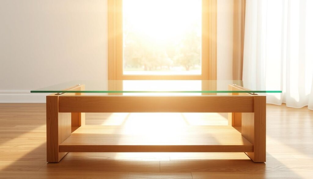 A beautifully crafted glass coffee table, its surface reflecting the warm glow of natural sunlight streaming through a large window. The tabletop is a pristine, flawless sheet of tempered glass, resting atop a sturdy, clean-lined wooden base. The wood is a rich, honey-toned oak, sanded to a silky smoothness. The overall design is minimalist and modern, with clean lines and a balanced, harmonious composition. The scene evokes a sense of tranquility and understated elegance, perfect for showcasing a carefully curated selection of décor items or serving as a functional centerpiece in a living room or home office. A beautifully crafted glass coffee table, its surface reflecting the warm glow of natural sunlight streaming through a large window. The tabletop is a pristine, flawless sheet of tempered glass, resting atop a sturdy, clean-lined wooden base. The wood is a rich, honey-toned oak, sanded to a silky smoothness. The overall design is minimalist and modern, with clean lines and a balanced, harmonious composition. The scene evokes a sense of tranquility and understated elegance, perfect for showcasing a carefully curated selection of décor items or serving as a functional centerpiece in a living room or home office.