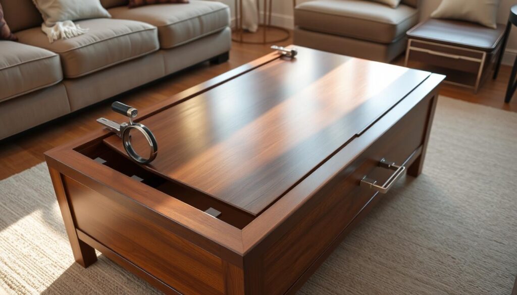 A beautifully crafted lift top coffee table, its smooth wooden surface gleaming under warm, natural lighting. The table's top effortlessly glides upwards, revealing a spacious hidden compartment for storage and organization. Sleek, brushed metal hardware accents the table's elegant design, complementing the rich wood tones. Viewed from a slightly elevated angle, the table's refined lines and harmonious proportions create a visually striking and functional centerpiece for a living room. An atmosphere of refined simplicity and thoughtful utility pervades the scene, inviting the viewer to imagine the versatile possibilities of this well-designed lift top coffee table.