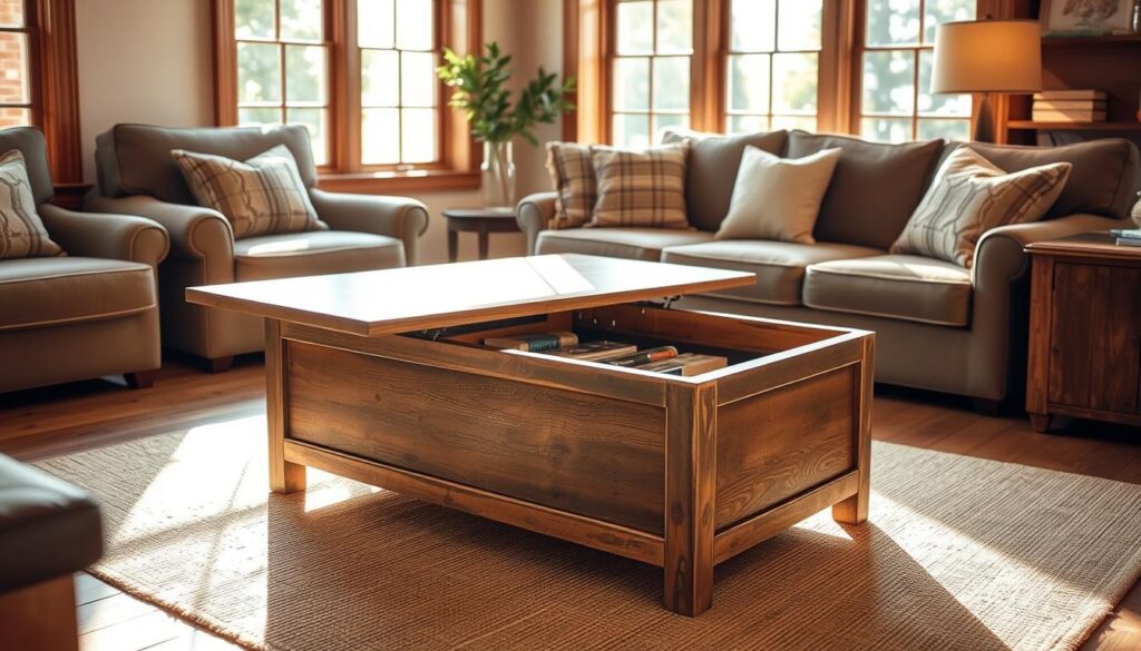 A beautifully crafted, rustic lift-top coffee table sits in a cozy, sun-dappled living room. The table's smooth, wooden surface gently lifts to reveal ample hidden storage space, perfect for stashing books, magazines, and remote controls. Warm, natural lighting filters through large windows, casting a gentle glow on the table's distressed, farmhouse-inspired finish. The table's elegant, minimalist design seamlessly blends function and style, creating a centerpiece that effortlessly complements the room's inviting ambiance.