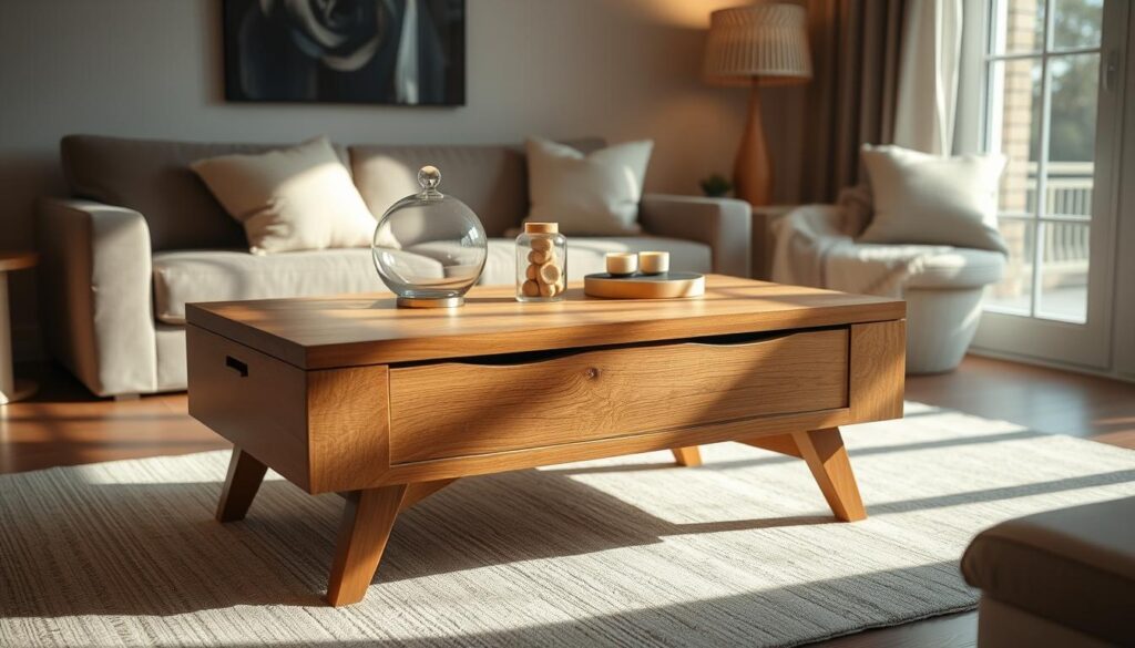 A beautifully crafted wooden coffee table with a clean, minimalist design stands in a warm, sun-drenched living room. The table's surface features a hidden compartment, gracefully integrated into the overall aesthetic. Soft, indirect lighting casts a cozy glow, highlighting the table's elegant lines and the carefully selected decor items adorning its surface. The room's neutral palette, complemented by natural textures and earthy tones, creates a serene and inviting atmosphere, perfectly showcasing the table's clever storage solution.