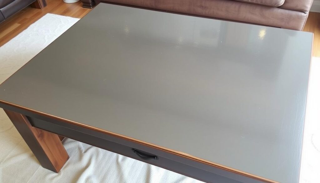 A beautifully refinished coffee table, its surface shimmering with a rich, high-gloss paint finish. The tabletop reflects the warm, diffused lighting casting a soft glow, highlighting the smooth, even application. Subtle brushstrokes add a handcrafted touch, while the edges are precisely trimmed for a clean, professional look. The table's sturdy, reclaimed wood frame provides a solid, rustic foundation, contrasting elegantly with the lustrous painted top. A neutral, earthy color palette - perhaps a deep, moody green or a timeless gray - creates a refined, sophisticated aesthetic, perfect for elevating a living room or den.