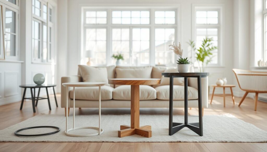A bright, airy living room with large windows and natural light streaming in. In the foreground, three side tables of varying sizes, materials, and styles are displayed side-by-side, inviting the viewer to examine and compare them. The tables are expertly staged, showcasing their unique features and potential to complement different decor styles. The middle ground features a plush, neutral-toned sofa, while the background depicts a minimalist, Scandinavian-inspired interior design. The image conveys a sense of curation, balance, and the joy of finding the perfect side table to complete a space.