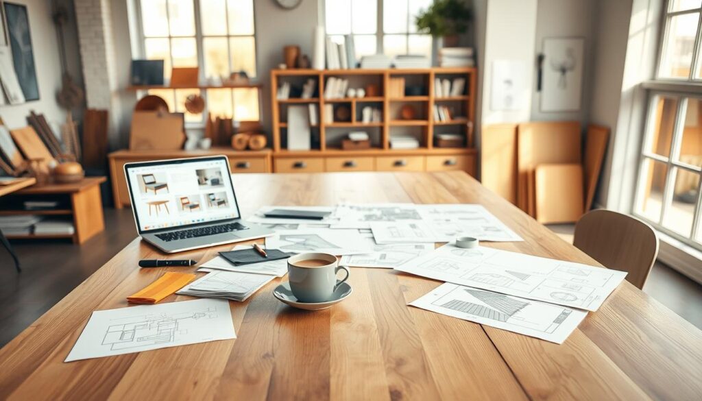 A bright, airy studio setting with a large wooden table in the foreground, showcasing an organized design process. Sketches, swatches, and technical drawings are neatly arranged, along with a cup of freshly brewed coffee and a laptop displaying 3D renderings. Warm, natural lighting filters through large windows, casting a soft glow on the scene. The table's surface is clear, allowing the design elements to take center stage, conveying a sense of focused creativity and attention to detail. In the background, shelves display various tools, materials, and inspirational design books, hinting at the diligence and preparation that goes into the planning stage.