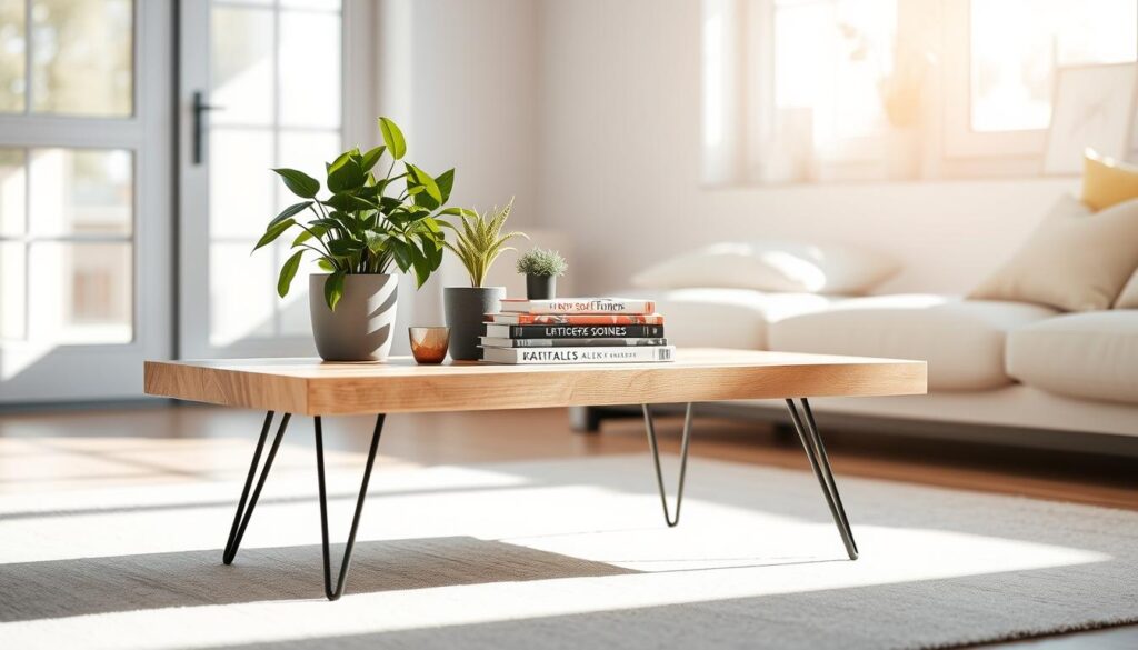 A chic and minimalist coffee table sits in a bright, airy living room. The table features a sleek, rectangular wooden top with a natural, weathered finish, resting on slim, tapered black metal legs. Lush potted plants and a stack of artfully arranged design books add a touch of greenery and personality. Sunlight streams in through large windows, casting a warm, golden glow and creating soft shadows that accentuate the table's simple yet elegant form. The overall atmosphere is one of modern, Pinterest-inspired style that invites relaxation and inspiration.