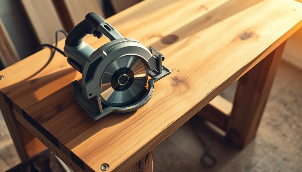 A circular saw rests on a rustic wooden workbench, its blade gleaming under the warm, natural lighting. The table's smooth, unfinished surface contrasts with the saw's industrial aesthetic, creating a harmonious composition. The scene is captured from a slightly elevated perspective, emphasizing the tool's precision and the table's sturdy construction. Soft shadows and subtle highlights add depth and dimension, while the overall atmosphere conveys a sense of DIY creativity and functional simplicity, perfectly suited for a project showcasing the creation of a custom coffee table with hidden storage. A circular saw rests on a rustic wooden workbench, its blade gleaming under the warm, natural lighting. The table's smooth, unfinished surface contrasts with the saw's industrial aesthetic, creating a harmonious composition. The scene is captured from a slightly elevated perspective, emphasizing the tool's precision and the table's sturdy construction. Soft shadows and subtle highlights add depth and dimension, while the overall atmosphere conveys a sense of DIY creativity and functional simplicity, perfectly suited for a project showcasing the creation of a custom coffee table with hidden storage.