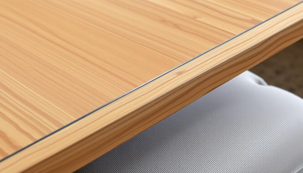A close-up shot of a wooden coffee table edge, showcasing the delicate process of edge banding. The table surface is a warm, natural wood grain, contrasted by the smooth, dark edging material neatly applied to the perimeter. The lighting is soft and diffused, accentuating the refined details - the precise application, the seamless blend between the wood and edge banding. The composition emphasizes the craftsmanship and care taken to finish the table, creating a refined, elegant aesthetic that would complement the upholstered ottoman below.