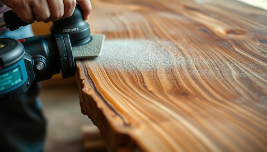A close-up view of a live edge wood table during the sanding process. The table's natural edge is prominently featured, with the coarse sandpaper revealing the wood's intricate grains and textures. Warm, diffused lighting illuminates the scene, casting soft shadows that accentuate the table's organic form. The process is captured at an angle, showcasing the meticulous handiwork of the craftsman as they carefully smooth the surface, preparing the table for the next stage of refinement. The scene conveys a sense of focus, attention to detail, and the beauty inherent in the transformation of raw materials into a functional, one-of-a-kind piece of furniture.