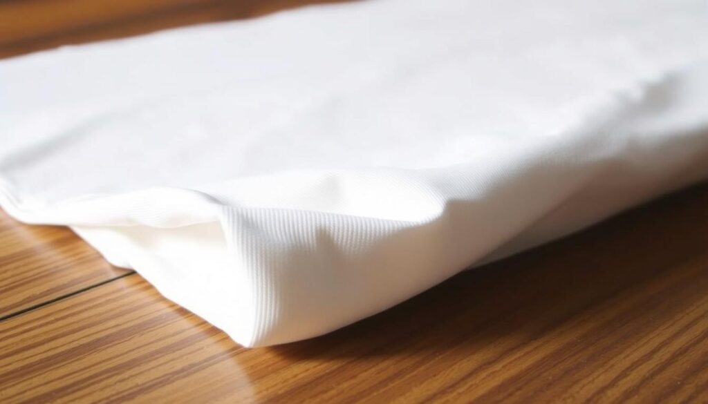 A close-up view of a white, stretchy tablecloth elastic band lying on a wooden surface. The elastic is neatly folded, showcasing its soft, pliable texture and the signature ribbed pattern. The lighting is soft and diffused, creating subtle shadows that accentuate the material's subtle sheen. The background is slightly blurred, keeping the focus on the detailed, tactile quality of the elastic. The overall composition conveys a sense of simplicity and practicality, emphasizing the elastic's key role in creating a snug, fitted cocktail table cover that stays in place.