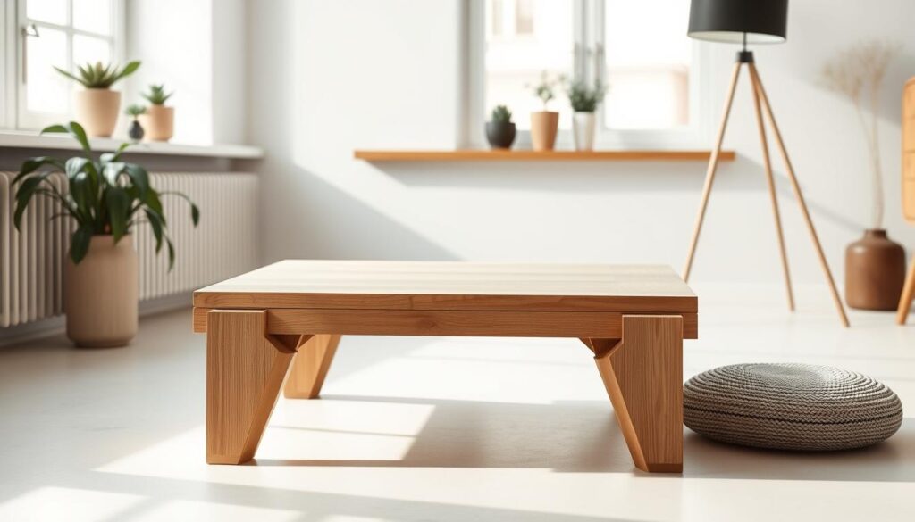 A compact, square DIY coffee table in a modern, minimalist style, showcased in a bright, airy studio setting. The table's clean-lined, geometric silhouette takes center stage, with a smooth, sanded wood top and minimalist, angular legs. Soft, diffused natural lighting from large windows highlights the table's tactile materiality and simple elegance. The scene conveys a sense of pared-back sophistication, inviting the viewer to envision the table as a versatile, space-saving centerpiece for a small living room or apartment. A carefully curated selection of complementary decor elements, such as potted plants or a sleek lamp, add subtle styling touches without distracting from the table's focal point.