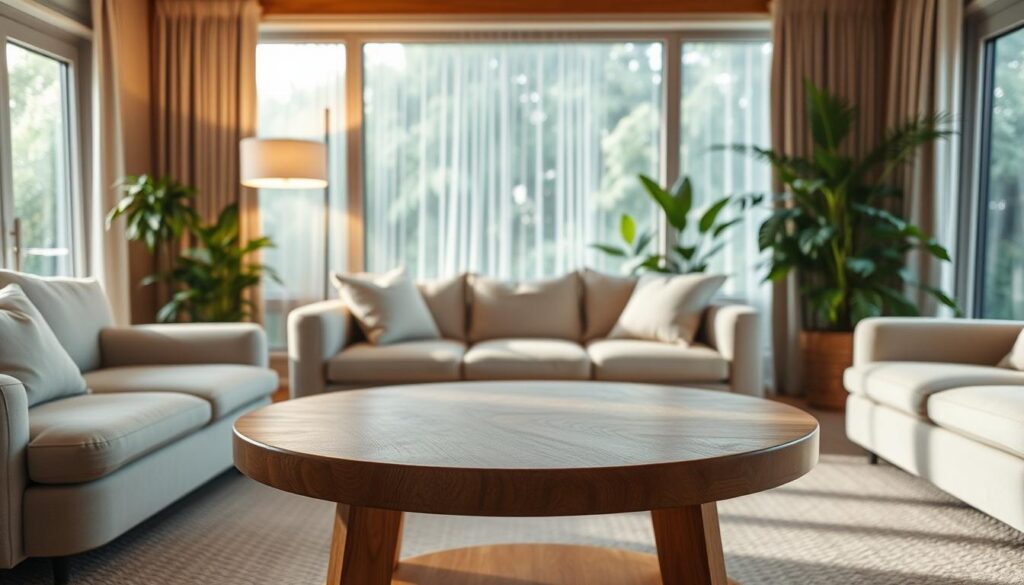 A cozy and inviting living room with a round, wooden coffee table in the foreground. The table has a warm, natural grain and a simple, elegant design that complements the room's neutral color scheme. Soft, diffused lighting from a nearby floor lamp casts a gentle glow, creating a relaxed and peaceful atmosphere. The room is filled with plush, comfortable seating and accented with lush, green plants, adding a touch of nature. The background features a large, panoramic window that allows natural light to flood the space, giving the scene a bright and airy feel. A cozy and inviting living room with a round, wooden coffee table in the foreground. The table has a warm, natural grain and a simple, elegant design that complements the room's neutral color scheme. Soft, diffused lighting from a nearby floor lamp casts a gentle glow, creating a relaxed and peaceful atmosphere. The room is filled with plush, comfortable seating and accented with lush, green plants, adding a touch of nature. The background features a large, panoramic window that allows natural light to flood the space, giving the scene a bright and airy feel.