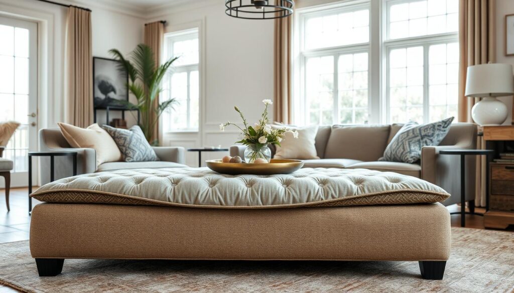 A cozy and stylish upholstered ottoman table sits prominently in a bright, airy living space. Layers of rich, textured fabrics in a sophisticated color palette of muted greys, warm beiges, and accents of burnished gold create a visually interesting and tactile surface. Intricate woven patterns, lush velvets, and delicate embroidered details adorn the table, inviting touch and exploration. Soft, diffused natural light from large windows illuminates the scene, casting subtle shadows and highlights that accentuate the varied textures. The overall mood is one of refined elegance and comfort, perfectly suited for a DIY upholstered coffee table that blends style and function.