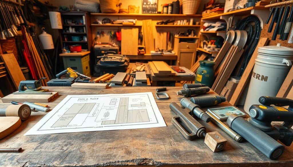 A cozy home workshop filled with an assortment of DIY tools and materials for a coffee table project. In the foreground, an array of woodworking tools like saws, sanders, and clamps sit atop a weathered workbench. In the middle ground, a blueprint or sketch of the coffee table design is spread out, surrounded by wood planks, stains, and finishes. The background depicts a warm, softly lit space, with shelves housing various hardware and supplies. The overall scene conveys a sense of focused creativity, with the tools and materials poised for a methodical, hands-on DIY journey to transform a living room.