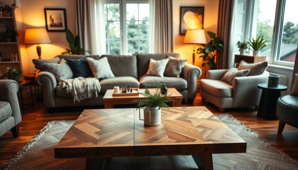 A cozy living room interior with a well-crafted, customized DIY coffee table in the center. The table features a natural wood top with intricate patterns and a modern, minimalist design. Warm, diffused lighting illuminates the scene, creating a inviting and relaxing atmosphere. The table is surrounded by comfortable upholstered furniture, potted plants, and personal decor items, suggesting the benefits of a personalized DIY coffee table transformation. The overall composition emphasizes the thoughtful design and craftsmanship of the DIY coffee table as the focal point.
