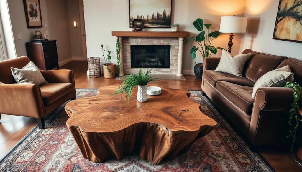 A cozy living room with a customized, artfully fluted coffee table as the focal point. The table features intricate wood grains and textural details, creating a visually striking and tactile centerpiece. Surrounding the table, plush velvet armchairs and a deep-seated sofa in earthy tones invite relaxation. Warm, diffused lighting casts a soft glow, highlighting the natural materials and handcrafted elements. Trailing plants and a stylish area rug complete the inviting, personalized space, reflecting the homeowner's creative flair and sense of design. A cozy living room with a customized, artfully fluted coffee table as the focal point. The table features intricate wood grains and textural details, creating a visually striking and tactile centerpiece. Surrounding the table, plush velvet armchairs and a deep-seated sofa in earthy tones invite relaxation. Warm, diffused lighting casts a soft glow, highlighting the natural materials and handcrafted elements. Trailing plants and a stylish area rug complete the inviting, personalized space, reflecting the homeowner's creative flair and sense of design.