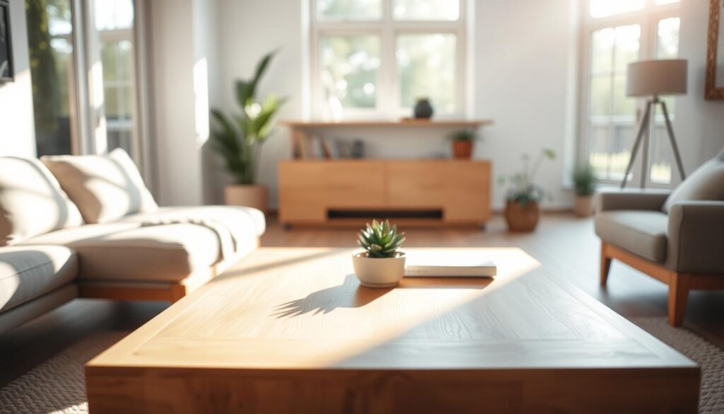 A cozy living room with a modern, wooden coffee table in the foreground. Sunlight streams in through large windows, casting warm, natural lighting on the scene. The table features a minimalist, rectangular design with clean lines and a smooth, polished surface. On top, a few artfully arranged books and a potted succulent add a touch of greenery. The background is softly blurred, allowing the table to be the focal point. The overall atmosphere is one of tranquility and refined simplicity, inviting the viewer to imagine themselves relaxing in this serene space. A cozy living room with a modern, wooden coffee table in the foreground. Sunlight streams in through large windows, casting warm, natural lighting on the scene. The table features a minimalist, rectangular design with clean lines and a smooth, polished surface. On top, a few artfully arranged books and a potted succulent add a touch of greenery. The background is softly blurred, allowing the table to be the focal point. The overall atmosphere is one of tranquility and refined simplicity, inviting the viewer to imagine themselves relaxing in this serene space.