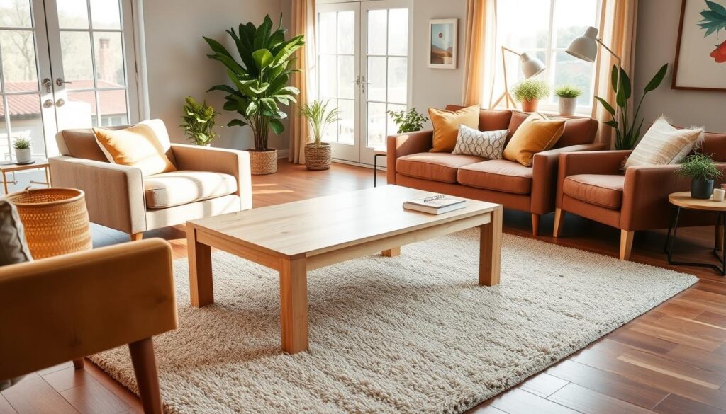 A cozy living room with a stylish IKEA coffee table as the focal point. The table is made of light wood, with clean lines and a minimal design. It sits atop a plush, neutral-colored rug, surrounded by comfortable armchairs and a loveseat in earthy tones. Warm, natural lighting filters in through large windows, casting a soft glow on the space. Potted plants and a few decorative accents add touches of greenery and personality. The overall atmosphere is inviting, relaxed, and perfectly suited for a DIY coffee table customization project.