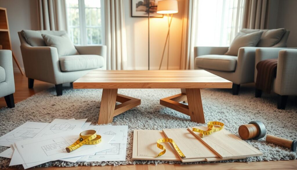 A cozy living room with a wooden coffee table in the center, surrounded by comfortable armchairs and a plush area rug. The table features a flat top, simple geometric legs, and a natural wood grain texture. Soft, warm lighting from a floor lamp creates a inviting ambiance, casting gentle shadows on the tabletop. In the foreground, various design sketches, measuring tapes, and wood samples are neatly arranged, suggesting a process of careful planning and visualization for the perfect DIY coffee table project. The overall scene conveys a sense of thoughtful consideration for functionality, aesthetics, and the harmonious integration of the coffee table within the living space.