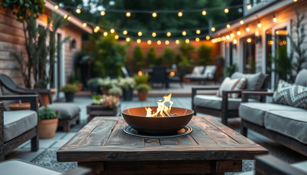 A cozy outdoor space with a DIY coffee table fire pit as the centerpiece. In the foreground, a rustic wooden coffee table with a built-in fire bowl, surrounded by comfortable outdoor seating. Flickering flames cast a warm glow over the scene. In the middle ground, lush greenery and potted plants frame the space, creating a natural ambiance. The background features a well-designed patio or deck, with string lights overhead, illuminating the area with a soft, inviting light. The overall atmosphere is relaxed and welcoming, perfect for entertaining guests and enjoying the outdoors. A cozy outdoor space with a DIY coffee table fire pit as the centerpiece. In the foreground, a rustic wooden coffee table with a built-in fire bowl, surrounded by comfortable outdoor seating. Flickering flames cast a warm glow over the scene. In the middle ground, lush greenery and potted plants frame the space, creating a natural ambiance. The background features a well-designed patio or deck, with string lights overhead, illuminating the area with a soft, inviting light. The overall atmosphere is relaxed and welcoming, perfect for entertaining guests and enjoying the outdoors.