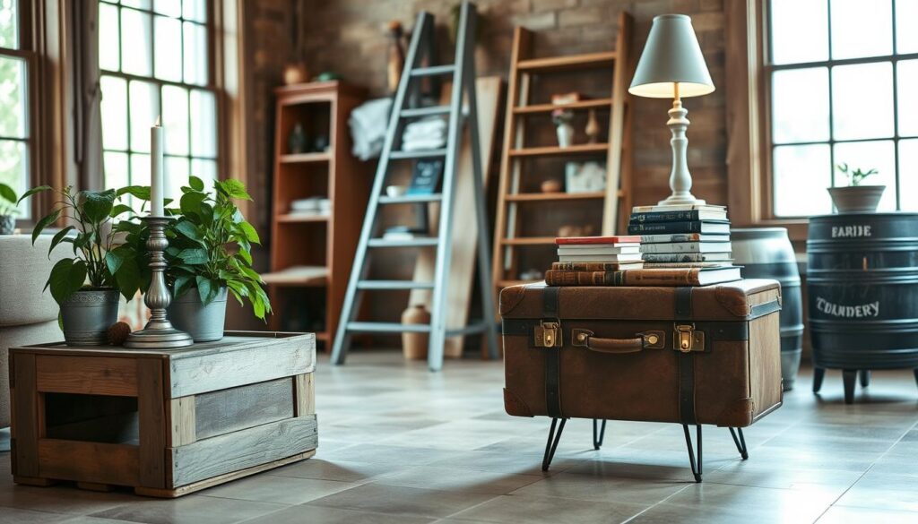 A cozy room interior with natural lighting filtering through large windows, showcasing a collection of creatively repurposed side tables. In the foreground, a rustic wooden crate transformed into a end table, adorned with a lush potted plant and vintage candlesticks. In the middle ground, a sturdy old suitcase propped up on metal legs serves as a unique side table, topped with a reading lamp and a stack of well-worn books. In the background, a charmingly mismatched set of repurposed furniture pieces, including a repurposed ladder-turned-shelving unit and a old metal barrel-turned-end-table, creates an eclectic, homey atmosphere. The overall scene radiates a sense of warmth, creativity and a touch of vintage whimsy.