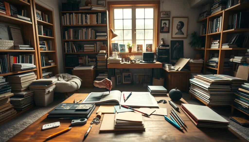 A cozy studio setting with a coffee table in the foreground, surrounded by various objects related to the book creation process. In the middle ground, an artist's hands are carefully arranging photos, sketches, and stationery items on the table's surface, illuminated by warm, natural light streaming in from a nearby window. The background features shelves filled with books, magazines, and creative supplies, suggesting an inspiring and productive workspace. The overall atmosphere evokes a sense of focus, creativity, and the joy of preserving cherished memories.