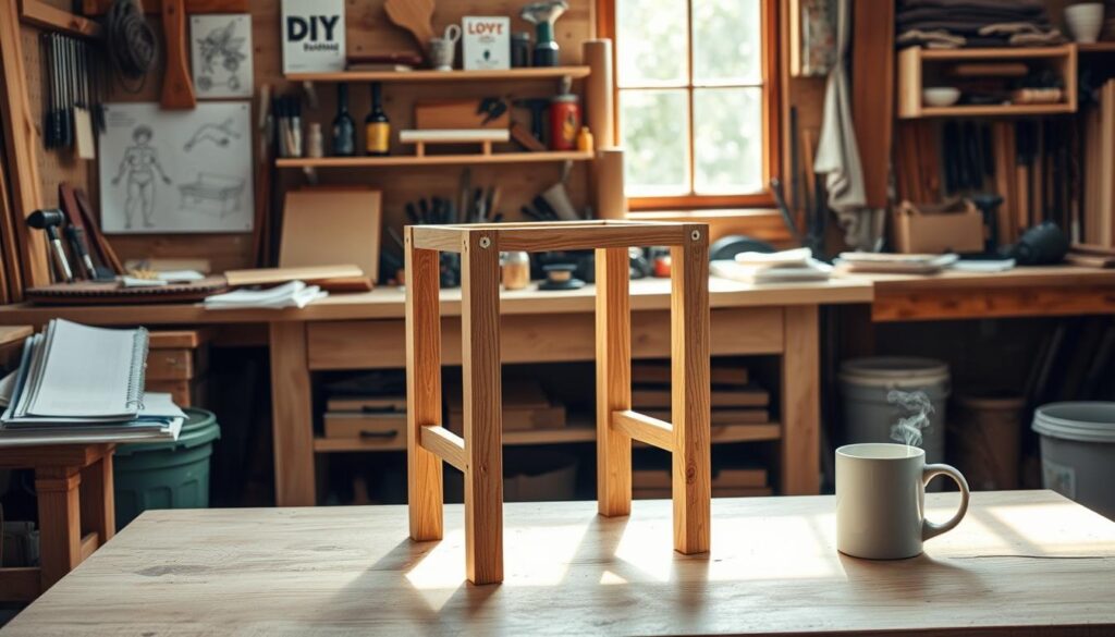 A cozy, sun-lit workshop with an array of woodworking tools and materials scattered across a sturdy workbench. In the foreground, an unfinished side table frame made of warm, rustic wood stands as the central focus. Inspirational sketches, DIY magazines, and a mug of steaming coffee create a productive, creative atmosphere. Soft, diffused lighting casts gentle shadows, highlighting the textures of the wood and the thoughtful organization of the workspace. The overall scene conveys a sense of possibility, inviting the viewer to embark on their own DIY journey of crafting a simple, yet elegant side table. A cozy, sun-lit workshop with an array of woodworking tools and materials scattered across a sturdy workbench. In the foreground, an unfinished side table frame made of warm, rustic wood stands as the central focus. Inspirational sketches, DIY magazines, and a mug of steaming coffee create a productive, creative atmosphere. Soft, diffused lighting casts gentle shadows, highlighting the textures of the wood and the thoughtful organization of the workspace. The overall scene conveys a sense of possibility, inviting the viewer to embark on their own DIY journey of crafting a simple, yet elegant side table.