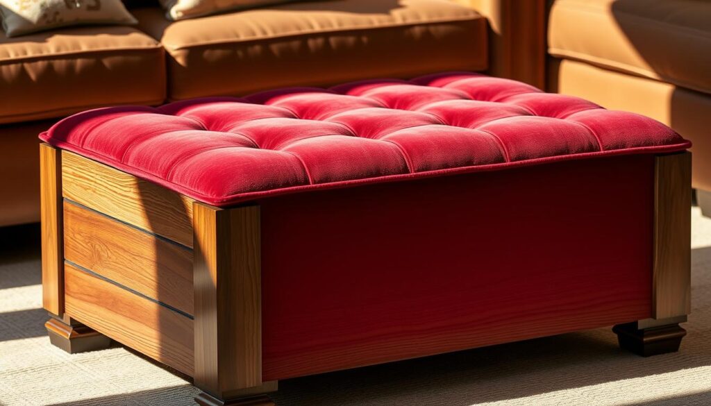 A cozy upholstered ottoman with a rich, woodgrain finish. Plush tufted velvet fabric in a warm burgundy hue covers the padded surface, complemented by the elegant, distressed wooden frame. Intricate grain patterns and smooth, satin-like texture create a tactile, high-quality look. Warm, natural lighting casts soft shadows, highlighting the interplay of fabric and wood. The composition emphasizes the luxurious, handcrafted aesthetic, inviting touch and interaction. A harmonious blend of comfort and craftsmanship, perfect for a modern living room.