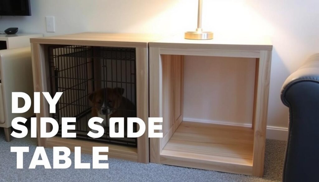 A cozy, well-lit DIY side table with an integrated dog crate. The crate is made of natural wood and metal, seamlessly blending into the table's modern, minimalist design. The table has a spacious top surface, perfect for displaying décor or storing pet supplies. Warm, soft lighting from a table lamp casts a gentle glow, creating a welcoming atmosphere. The crate is positioned at a comfortable height, allowing the pet to easily enter and exit. The entire piece exudes a sense of functionality and elegance, perfectly suited for a pet-friendly living space.