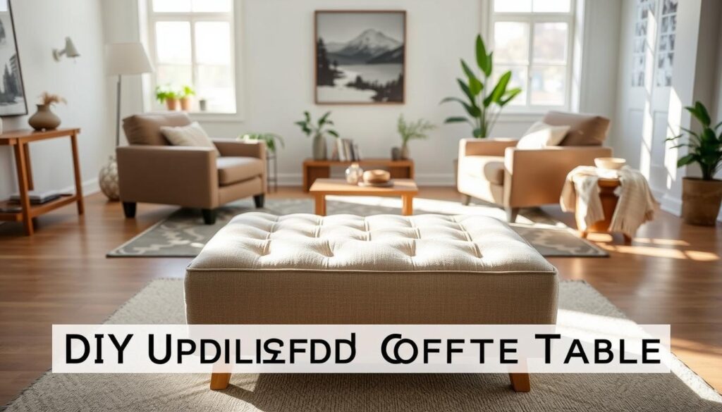 A cozy, well-lit DIY upholstered ottoman coffee table set against a minimalist living room backdrop. In the foreground, the handcrafted piece features a soft, tufted top with a neutral fabric, surrounded by a sturdy wooden frame. In the middle ground, the table is complemented by plush, inviting armchairs and a rug with a subtle geometric pattern. The background showcases a clean, airy space with white walls, large windows allowing natural light to flood in, and a few potted plants adding a touch of greenery. The overall atmosphere conveys a sense of relaxation, comfort, and homely charm, inspiring viewers to create their own unique, functional piece of furniture.