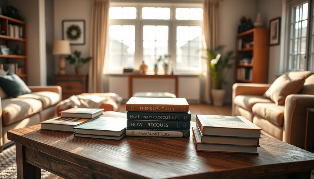 A cozy, well-lit living room scene with a sturdy wooden coffee table in the foreground. The table is adorned with a carefully curated selection of hardcover books, showcasing their vibrant covers and inviting textures. Sunlight streams through large windows, casting a warm glow on the scene. Minimalist decor, such as a potted plant or a decorative vase, complements the table's display. The overall atmosphere is one of refined sophistication, encouraging the viewer to engage with the books and consider their purpose, audience, and theme.