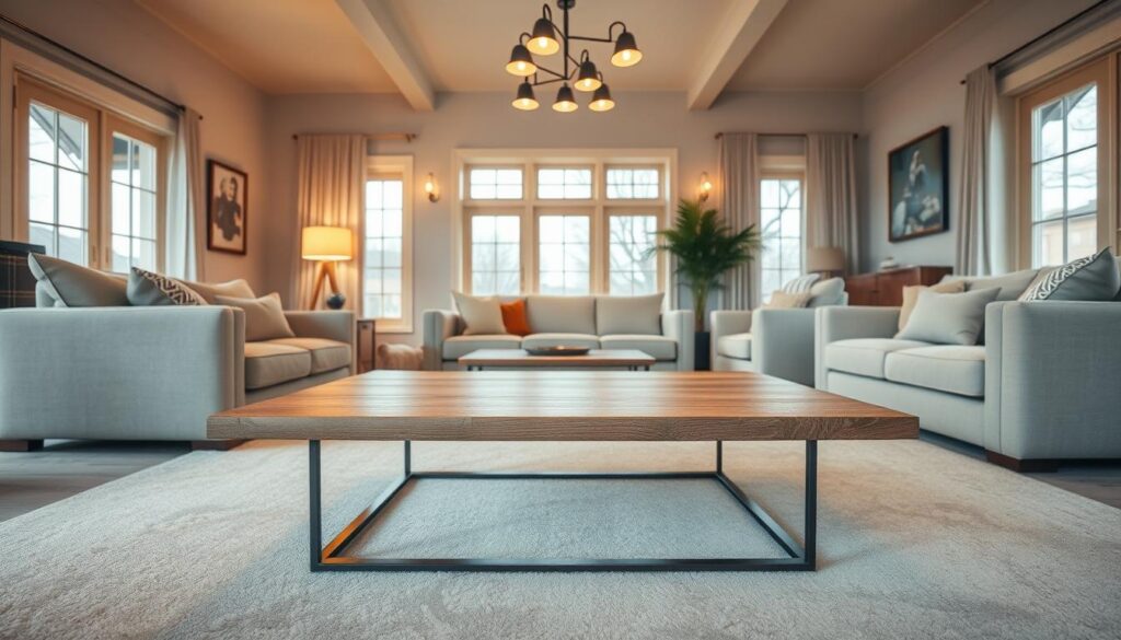 A cozy, well-lit living room with a minimalist, rectangular coffee table in the foreground. The table has a sleek, natural wood top and metal legs, creating a modern, elegant aesthetic. Plush, neutral-toned sofas and armchairs surround the table, inviting relaxation. Warm, diffused lighting from overhead fixtures casts a soft glow, and large windows in the background allow natural light to filter in, highlighting the table's grain and creating a serene, contemplative atmosphere. The overall scene conveys a sense of purpose and functionality, reflecting how the living room is designed for both practical use and enjoyment. A cozy, well-lit living room with a minimalist, rectangular coffee table in the foreground. The table has a sleek, natural wood top and metal legs, creating a modern, elegant aesthetic. Plush, neutral-toned sofas and armchairs surround the table, inviting relaxation. Warm, diffused lighting from overhead fixtures casts a soft glow, and large windows in the background allow natural light to filter in, highlighting the table's grain and creating a serene, contemplative atmosphere. The overall scene conveys a sense of purpose and functionality, reflecting how the living room is designed for both practical use and enjoyment.