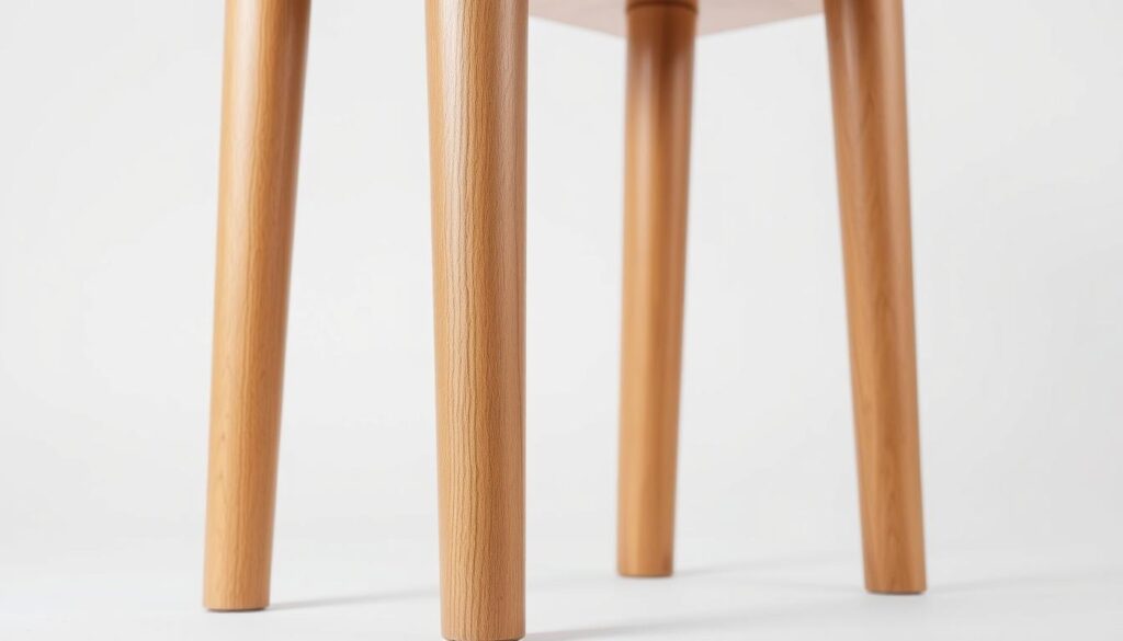 A detailed close-up shot of four wooden table legs, standing upright against a bright, evenly lit background. The legs are made of rich, natural-toned oak, with visible wood grain and a smooth, sanded finish. The legs taper slightly from the base to the top, showcasing their elegant, minimalist design. The lighting is soft and even, creating a clean, studio-like atmosphere that highlights the texture and color of the wood. The camera is positioned at a low angle, emphasizing the sturdy, functional nature of the table legs and the potential to modify their height to accommodate various needs.