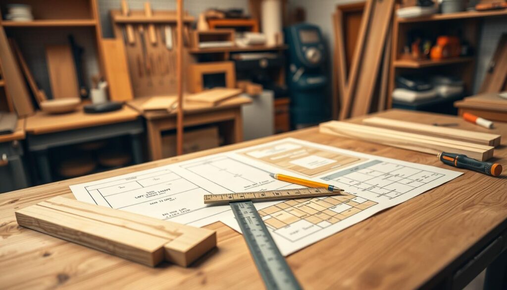 A detailed cut list and layout diagram for a DIY coffee table project, showcased on a wooden workbench under warm, directional lighting. The foreground features neatly arranged wooden boards and pieces, with measurements and dimensions clearly visible. In the middle ground, a ruler, pencil, and other woodworking tools are strategically placed, conveying a sense of precision and craftsmanship. The background depicts a clean, organized workshop environment, with shelves and storage units visible, creating a professional and inspiring atmosphere for the beginner woodworker.