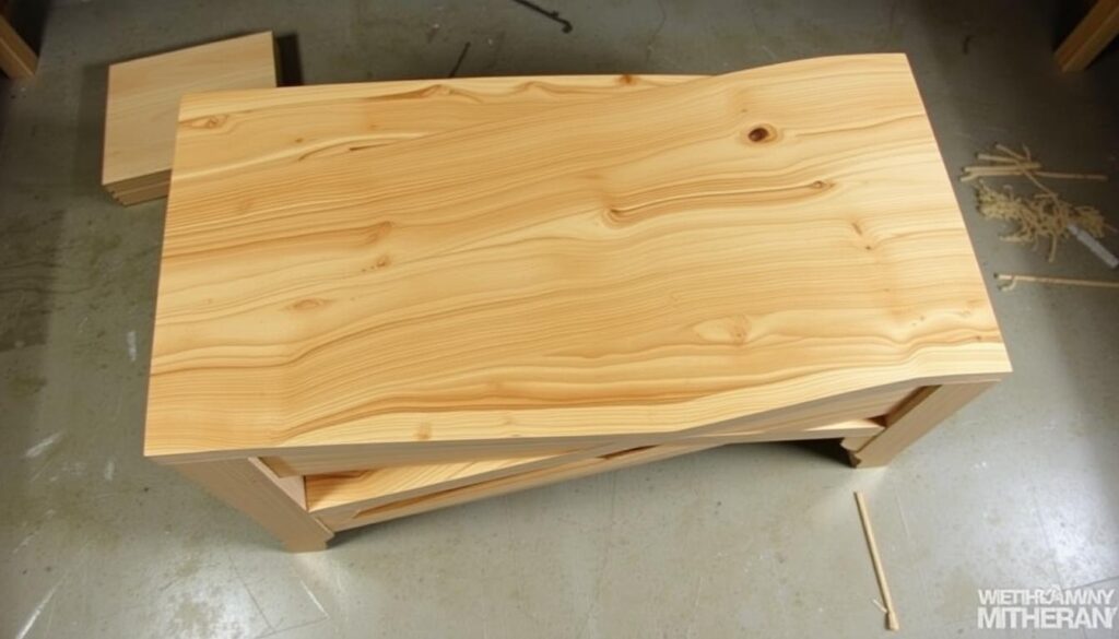 A detailed, high-quality construction process of a DIY coffee table with hidden storage, showcasing each step of the build. Crisp, well-lit overhead shots reveal the intricate woodworking techniques used, from cutting and jointing the solid wood planks to precisely assembling the frame and installing the hidden compartments. A warm, natural lighting setup highlights the rich wood grain and elegant design. The camera angles provide a clear, comprehensive view of the entire construction workflow, allowing the viewer to easily visualize and follow along with the build process.