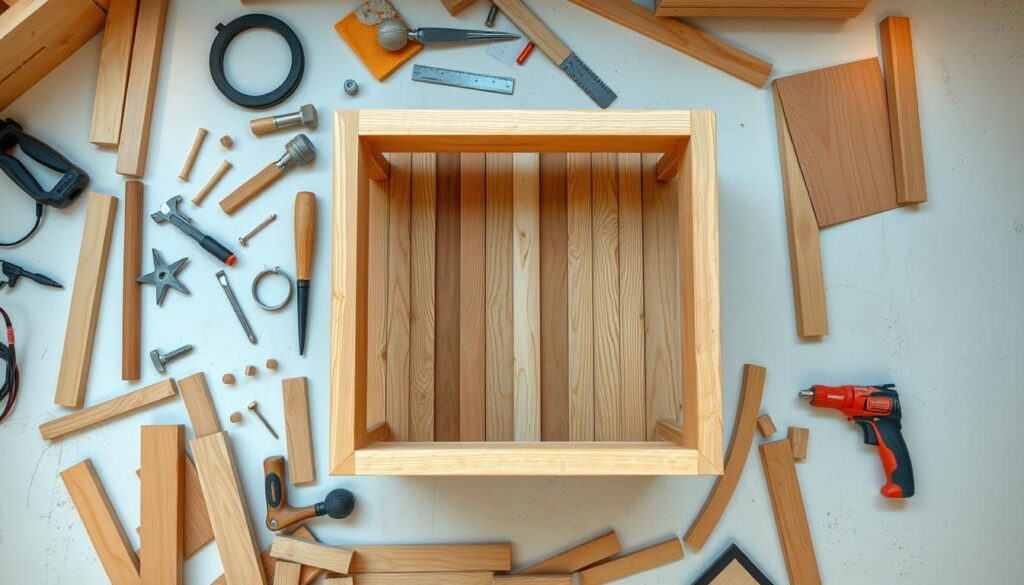 A detailed overhead view of a DIY side table design showcasing various construction techniques. The foreground features an assortment of woodworking tools, hardware, and materials such as wood planks, dowels, and sandpaper, conveying the hands-on nature of the project. The middle ground depicts a partially assembled side table frame with mortise and tenon joints, showcasing the structural elements. The background offers a clean, well-lit studio setting with warm, diffused lighting, highlighting the DIY process. The overall mood is one of creativity, functionality, and a sense of accomplishment in crafting a unique piece of furniture.