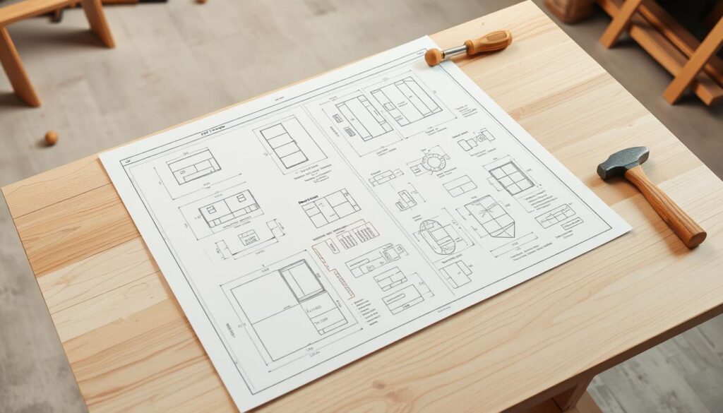 A detailed set of DIY end table construction plans, displayed on a clean, well-lit workbench. The plans are neatly laid out, showcasing various views and measurements, with technical drawings and diagrams. The surface is made of light, natural wood, creating a warm, inviting atmosphere. A few basic woodworking tools, such as a saw, hammer, and screwdriver, are arranged around the plans, suggesting the hands-on process. The background is a neutral, slightly blurred studio setting, allowing the plans and tools to be the focal point. The overall composition conveys a sense of creativity, practicality, and the satisfaction of a DIY project.