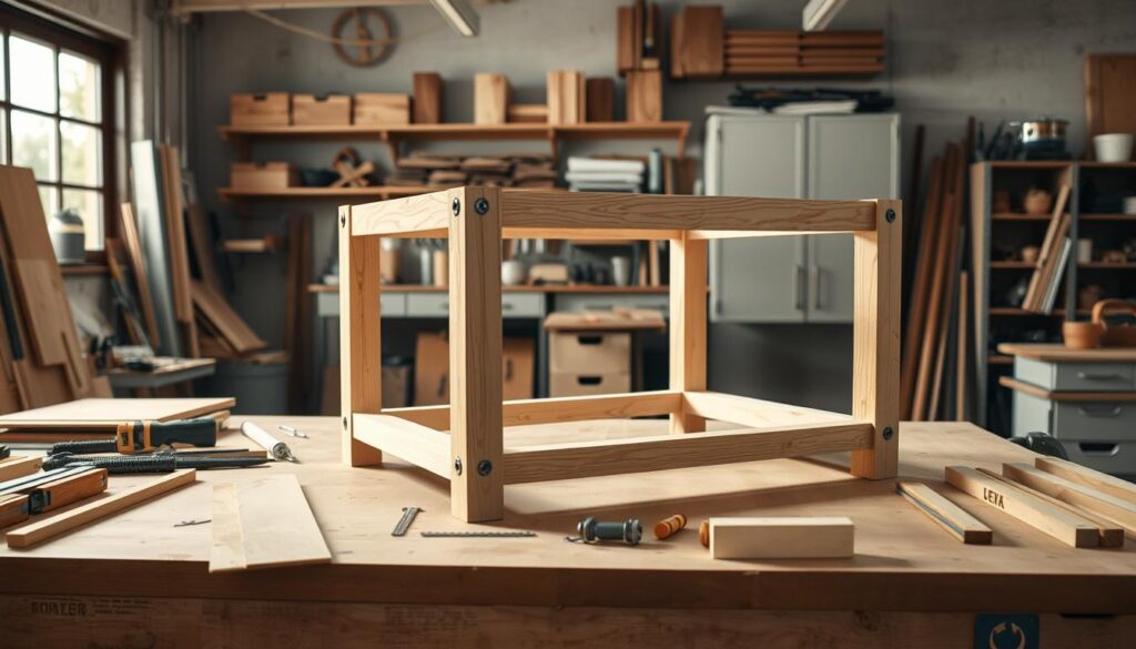 A detailed, step-by-step construction of a wooden table, shot in a well-lit workshop setting. Foreground shows the workbench with various tools, wood planks, and hardware components. Middle ground features a partially assembled table frame, showcasing the joinery and assembly process. Background depicts the organized workshop space with shelves, cabinets, and natural light filtering in from windows. Emphasis on the craftsmanship, precision, and the DIY nature of the project. Clean, minimal styling with a focus on the woodworking techniques. Crisp, realistic rendering with a warm, inviting atmosphere.
