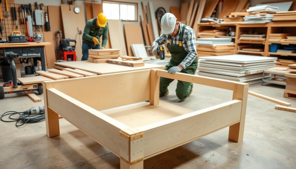 A detailed step-by-step construction process for a DIY coffee table made with affordable MDF boards. Bright, well-lit workshop setting with various woodworking tools and materials laid out in an organized manner. Foreground shows a partially assembled table frame, with pieces of MDF wood and joints visible. Middle ground shows a person wearing safety gear skillfully operating power tools to cut and assemble the table. Background showcases the full workspace, highlighting additional materials and neatly stacked supplies. The overall scene conveys a sense of productivity, focus, and craftsmanship.