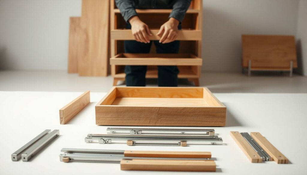 A detailed, step-by-step process of a drawer assembly, captured in a clean, well-lit studio setting. The foreground showcases the various components of the drawer - the carcass, slides, and front panel - laid out in an organized manner. The middle ground depicts the actual assembly process, with hands skillfully guiding the drawer slides into place and securing the front panel. The background features a minimalist, neutral environment with hints of warm wood tones, complementing the functional design of the drawer. The lighting is soft and diffused, accentuating the textures and details of the materials. The overall mood conveys a sense of precision, craftsmanship, and the seamless integration of form and function. A detailed, step-by-step process of a drawer assembly, captured in a clean, well-lit studio setting. The foreground showcases the various components of the drawer - the carcass, slides, and front panel - laid out in an organized manner. The middle ground depicts the actual assembly process, with hands skillfully guiding the drawer slides into place and securing the front panel. The background features a minimalist, neutral environment with hints of warm wood tones, complementing the functional design of the drawer. The lighting is soft and diffused, accentuating the textures and details of the materials. The overall mood conveys a sense of precision, craftsmanship, and the seamless integration of form and function.