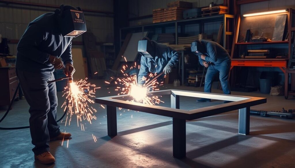 A dimly lit metalworking shop, the soft glow of welding torches illuminating the scene. In the foreground, a person in protective gear carefully wields a plasma cutter, slicing through thick steel tubing with precise, controlled movements. The sparks and molten metal dance in the air, casting dramatic shadows on the concrete floor. In the middle ground, another worker steadies a steel frame, aligning the pieces as they are meticulously welded together, the heat of the arc welder casting an intense, orange glow. In the background, shelves of tools, welding equipment, and raw materials provide the industrial setting, hinting at the craftsmanship and skill required to construct this rustic, yet refined coffee table base.