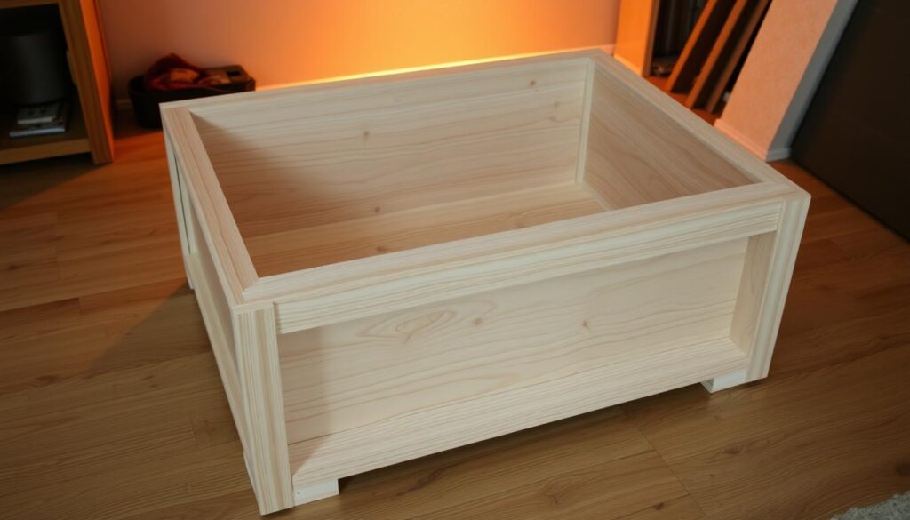 A finely crafted coffee table core assembly, showcasing a meticulously constructed box-shaped body, a sturdy bottom panel, and clean exterior trim. Warm lighting illuminates the smooth, natural wood grains, casting a cozy, inviting atmosphere. The scene is captured at a slight angle, highlighting the intricate joinery and attention to detail that brings this functional yet stylish DIY project to life. A finely crafted coffee table core assembly, showcasing a meticulously constructed box-shaped body, a sturdy bottom panel, and clean exterior trim. Warm lighting illuminates the smooth, natural wood grains, casting a cozy, inviting atmosphere. The scene is captured at a slight angle, highlighting the intricate joinery and attention to detail that brings this functional yet stylish DIY project to life.