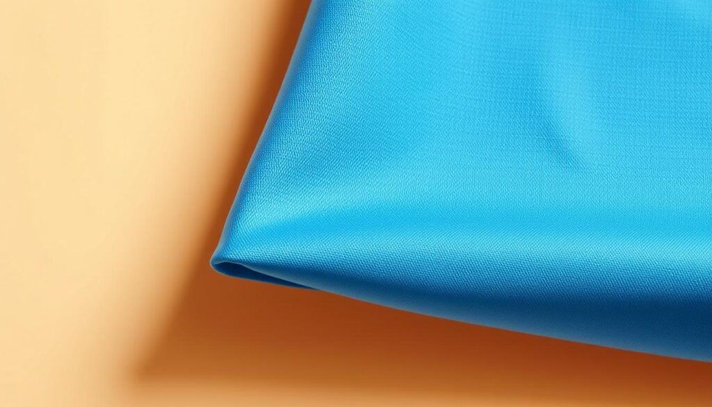 A flat-lay photograph of a vibrant, high-quality fabric swatch in a well-lit, minimalist studio setting. The fabric has a distinct, even weave pattern and a supple, luxurious texture that is clearly visible. The fabric's width is the primary focus, with the edge of the swatch prominently displayed to highlight the precise measurement. The lighting is soft and diffused, creating a warm, inviting atmosphere that showcases the fabric's color and sheen. The background is a clean, neutral shade that allows the fabric to stand out. The composition is balanced and symmetrical, drawing the viewer's attention to the essential details of the fabric's width and quality.