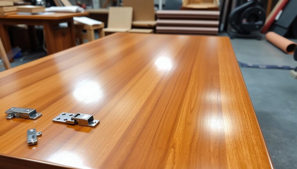 A gleaming wooden coffee table, its smooth surface adorned with a durable clear coat that accentuates the natural grain. In the foreground, a variety of polished metal hardware – hinges, handles, and clasps – shine under the warm, directional lighting, hinting at hidden compartments within. The mid-ground features a selection of vinyl wrap samples in various rich, matte hues, each meticulously applied to showcase their seamless finish. In the background, a softly blurred workshop setting, with tools and materials suggesting the craftsmanship behind this well-designed piece of furniture. A gleaming wooden coffee table, its smooth surface adorned with a durable clear coat that accentuates the natural grain. In the foreground, a variety of polished metal hardware – hinges, handles, and clasps – shine under the warm, directional lighting, hinting at hidden compartments within. The mid-ground features a selection of vinyl wrap samples in various rich, matte hues, each meticulously applied to showcase their seamless finish. In the background, a softly blurred workshop setting, with tools and materials suggesting the craftsmanship behind this well-designed piece of furniture.