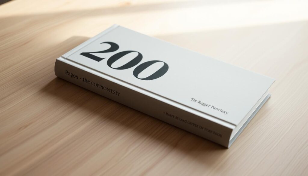 A hardcover coffee table book with a prominent page count showcased on its cover, resting on a minimalist wooden surface. The book has a sleek, understated design, with a matte finish and clean typography. Soft, indirect lighting illuminates the scene, creating a warm, inviting atmosphere. The overall composition emphasizes the book's physicality and the thoughtful consideration of its structure to support the content within.